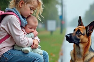 Todos ignoraram a menina chorando com um bebê no ponto de ônibus até que um cão pastor alemão fez algo inacreditável que mudou tudo!